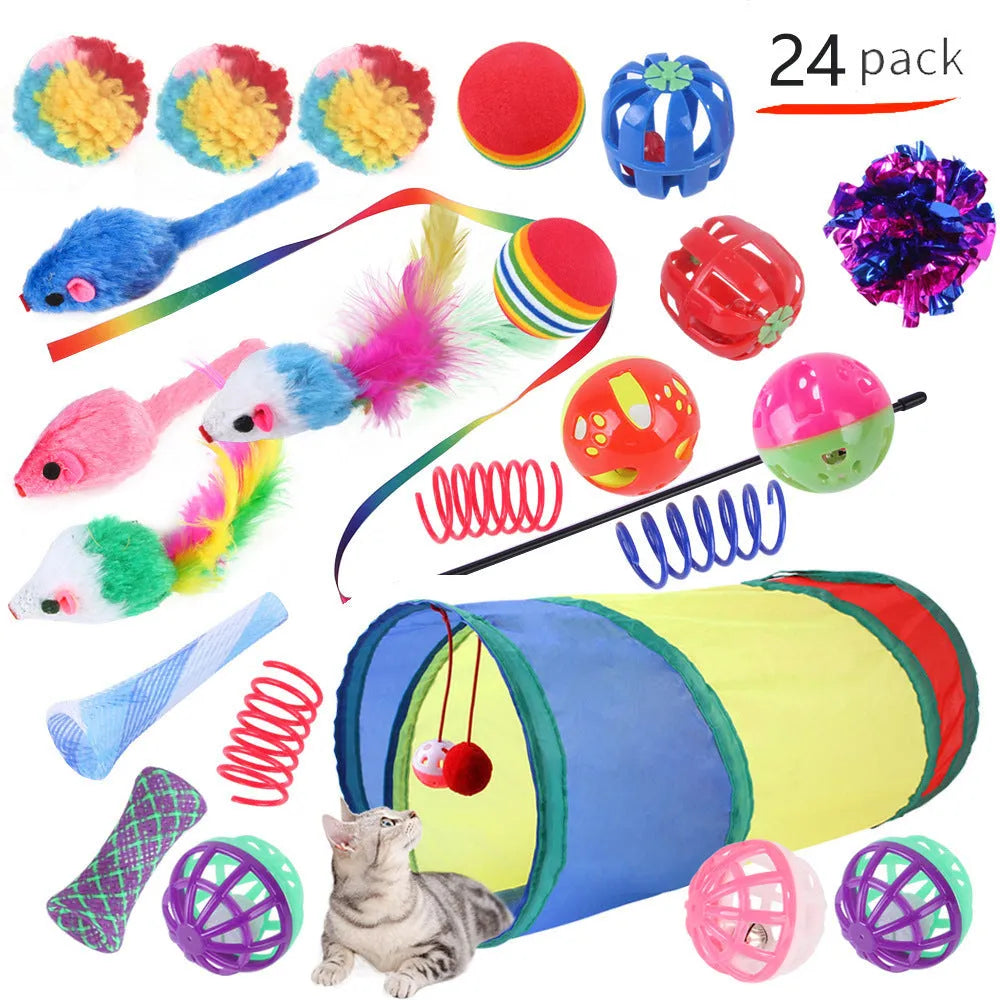 Plastic cat play channel toy with assorted accessories for feline batting and chasing