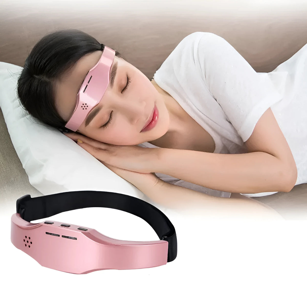 Wireless head massager in black or pink with adjustable fasteners, 110g, USB rechargeable, 3 modes and 9 intensities.
