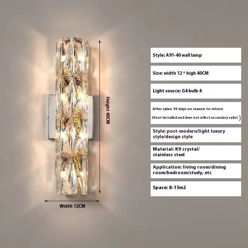 A sleek crystal wall lamp with a stainless steel base in chrome finish, mounted on a wall.