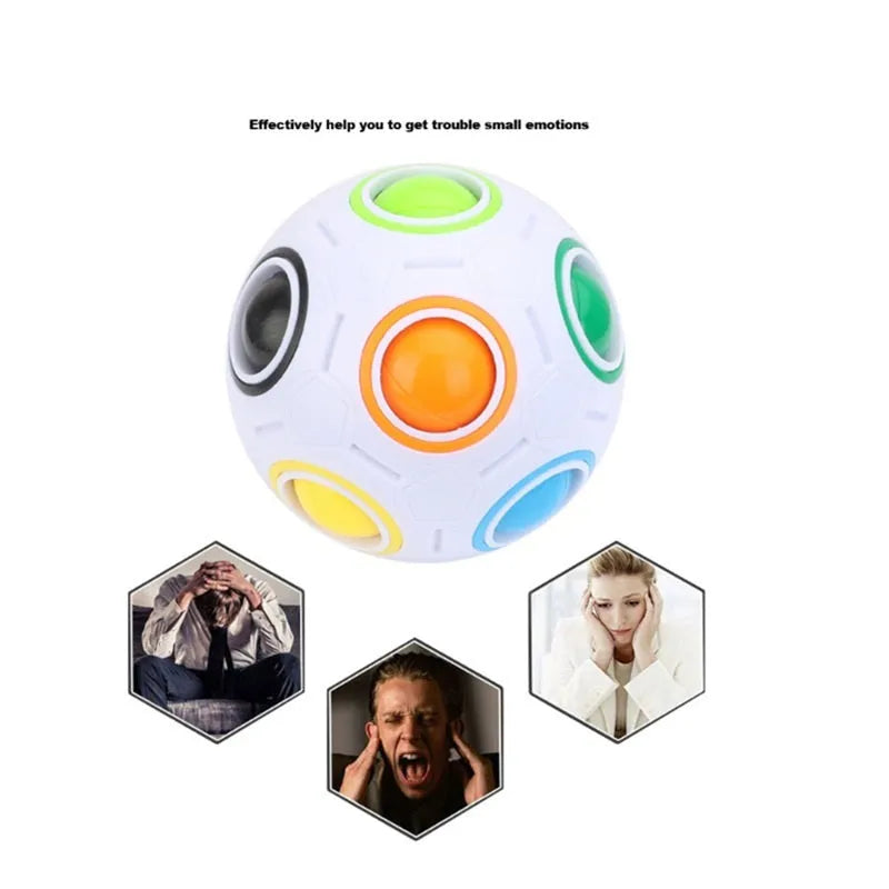 Rainbow coloured plastic ball puzzle with hexagon pattern, 5.5 cm in diameter.
