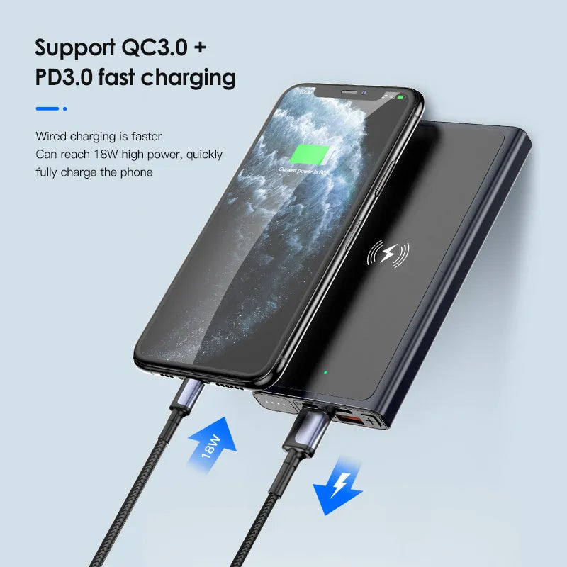 Black and blue alloy-cased portable power bank with wireless charging surface and 10000mAh capacity