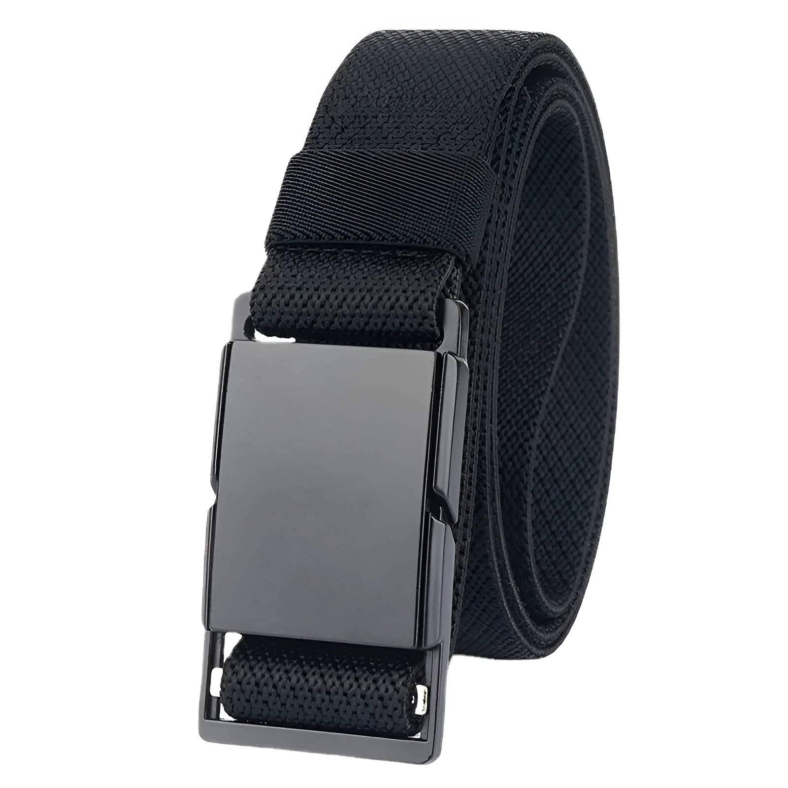 Men's magnetic buckle casual belt in black showing alloy buckle and polyester construction
