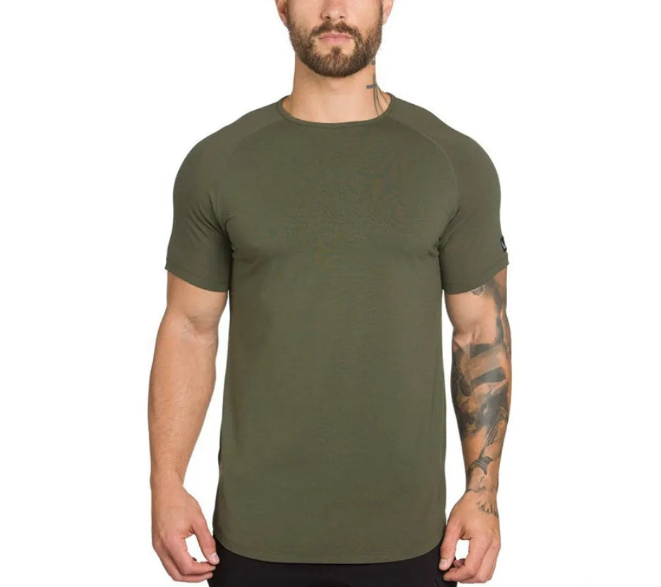 Plain men's fitness shirt in a cotton and spandex blend, shown in Army Green colour.