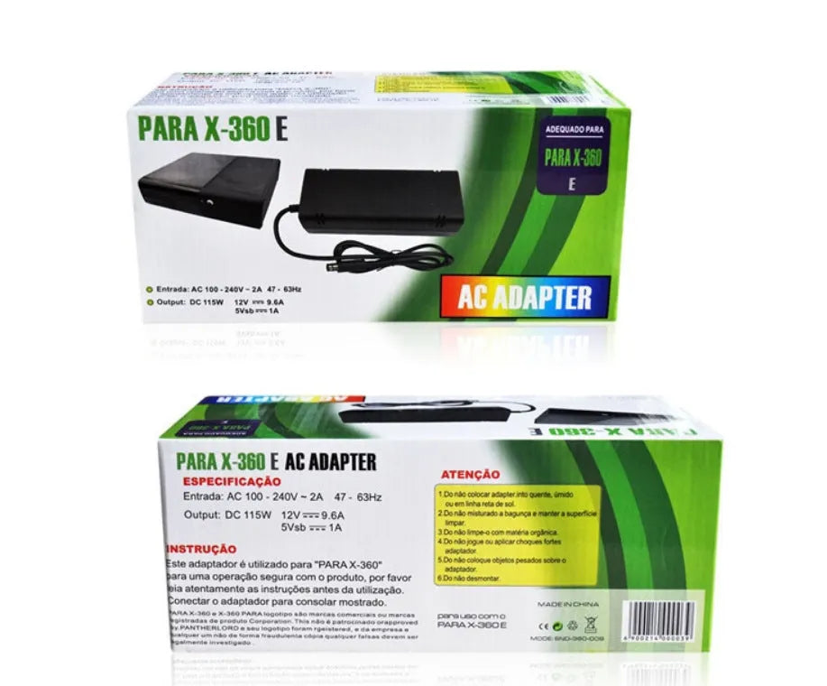 Black XBOX 360E AC power adapter with cable, compatible with multi-region consoles.