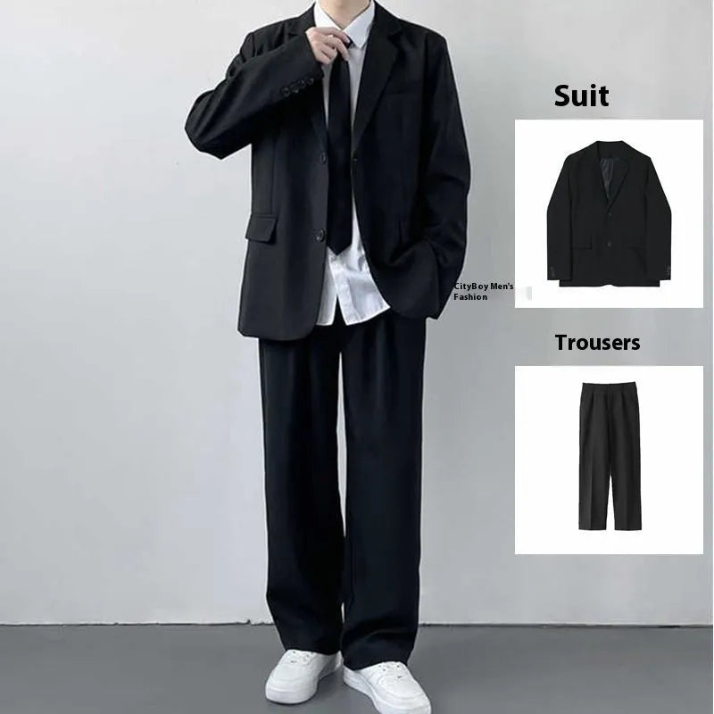 Men's plus size suit jacket with trousers, white shirt, and tie in loose college style cut