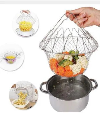 Stainless steel deep fry basket with foldable handle, showing water-permeable grid design for kitchen use