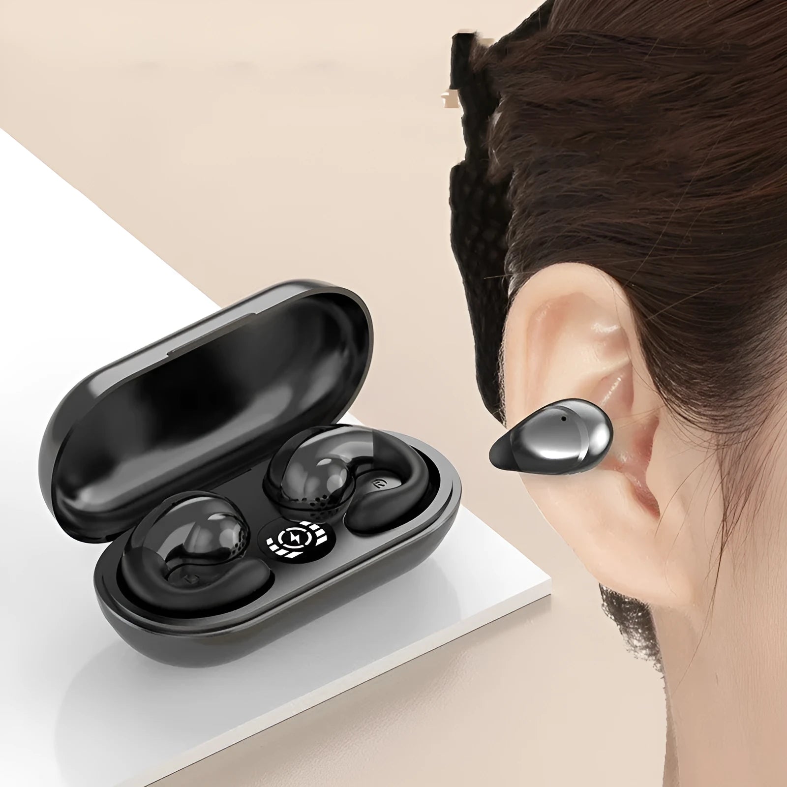 Wireless Bluetooth sports headphones with ear clip design in multiple colours showing digital display screen