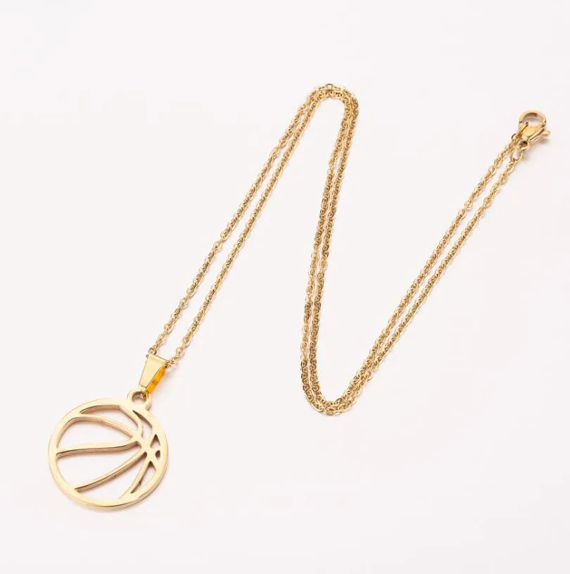 Stainless steel volleyball necklace with volleyball-shaped pendant, available in Gold or Silver colour options.