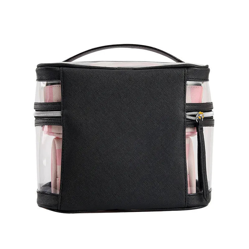 Pink bold stripes floral pattern folding makeup kit with three compartments open showing nylon lining