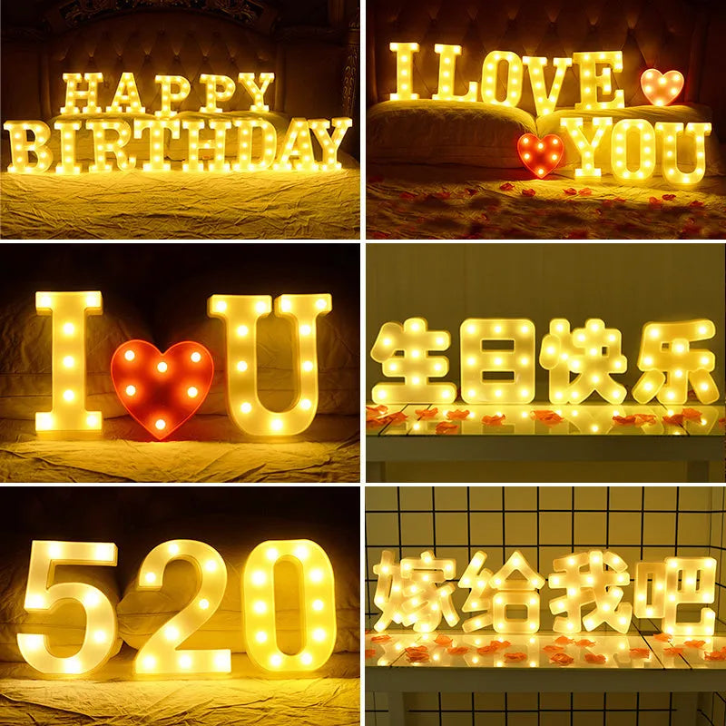 Plastic LED letter light set spelling a message, 22cm high