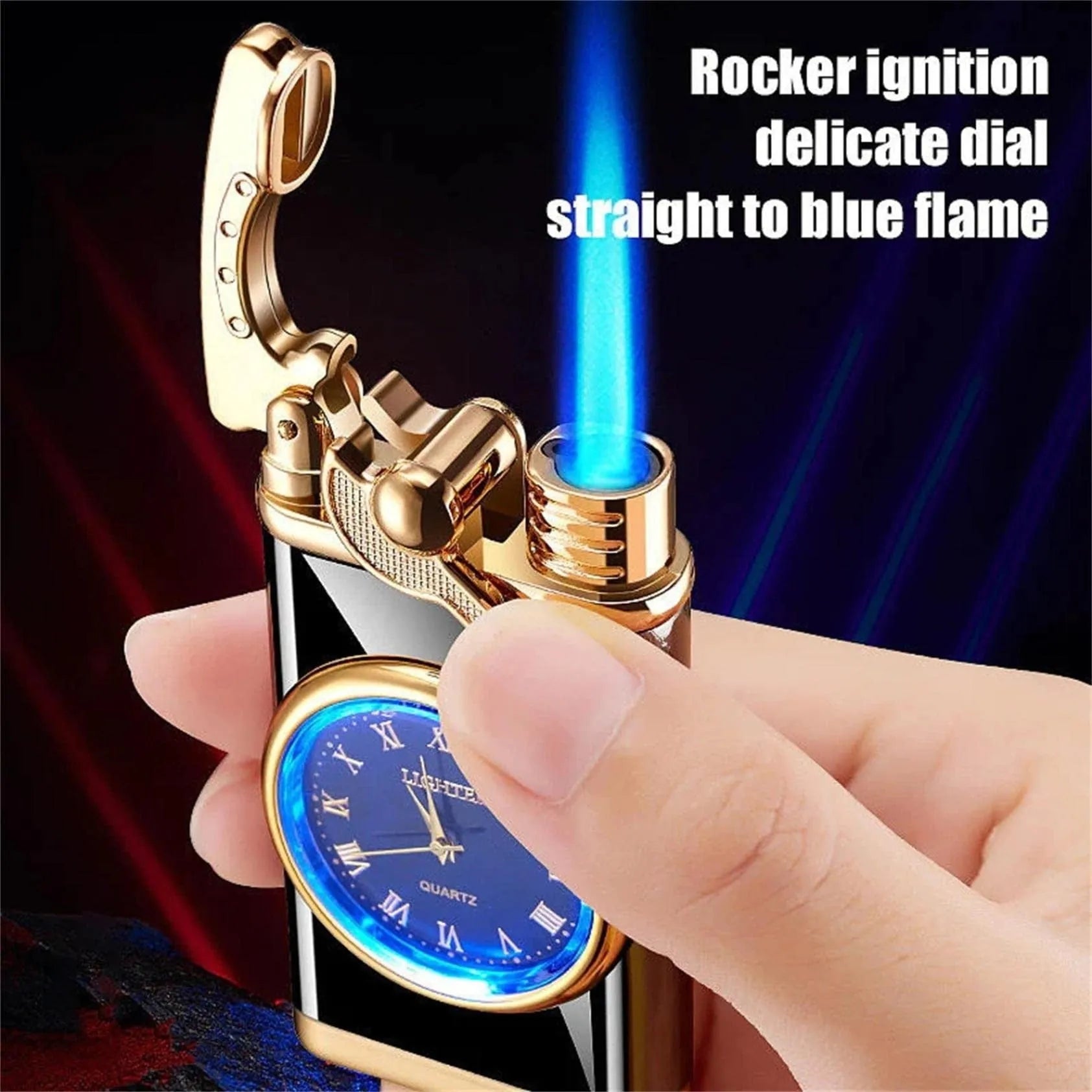 Zinc alloy watch-style lighter with a dial, showing adjustable blue flame ignition.