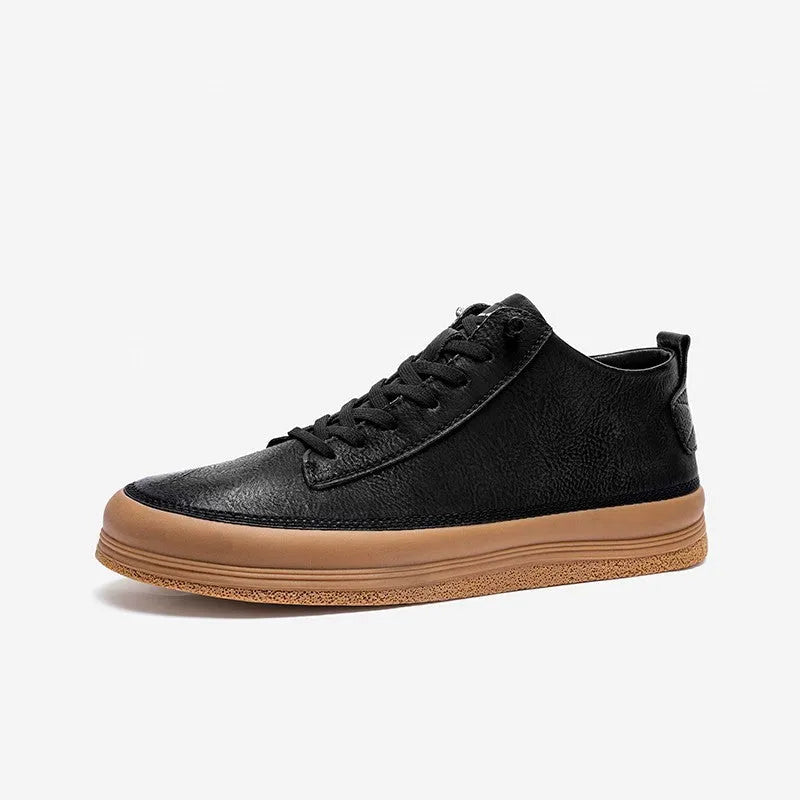 Men's black casual leather shoes with round toe, flat heel, and lanyard closure on neutral background
