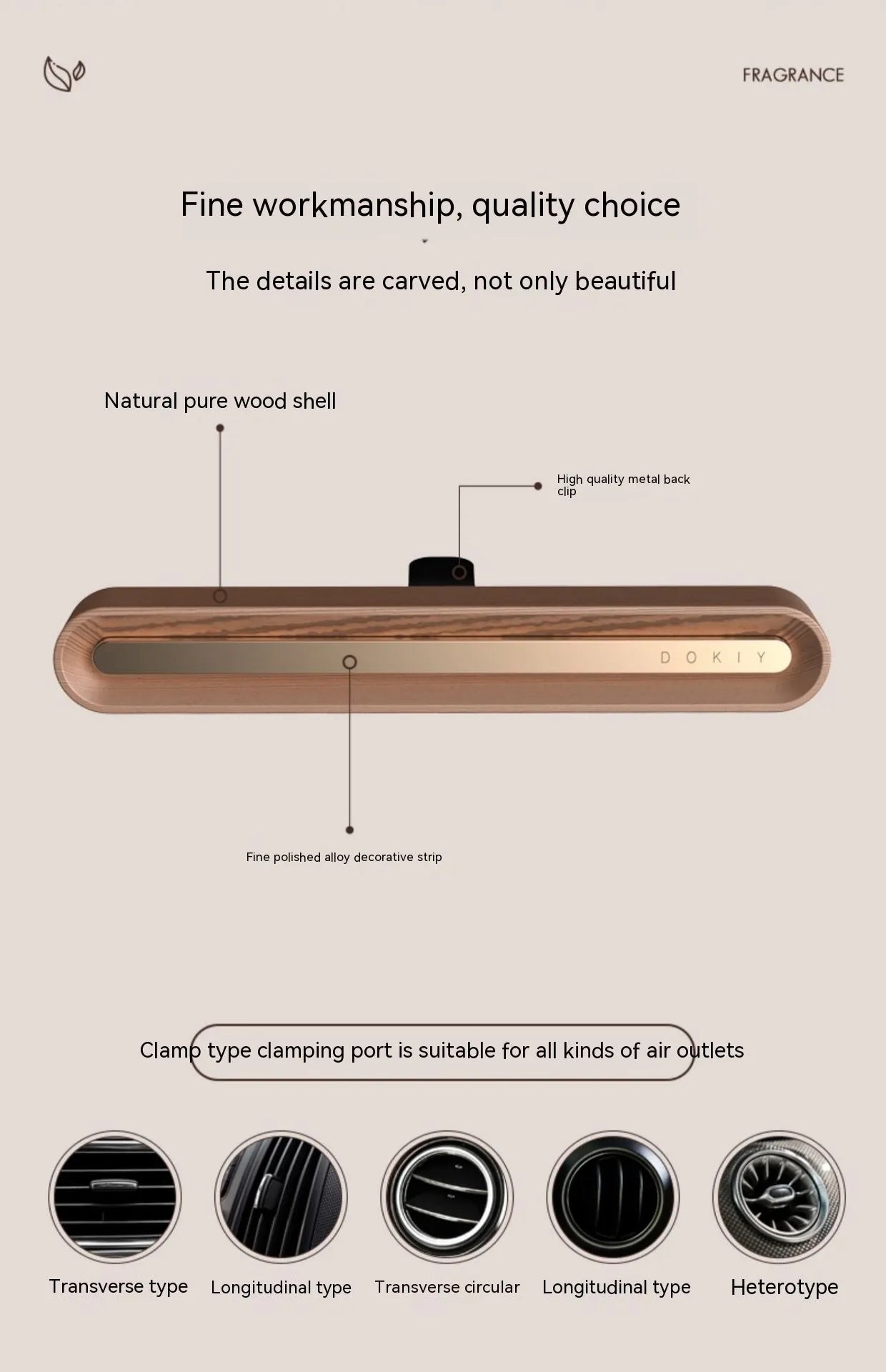 Long strip car aromatherapy ornament in walnut colour mounted on a car air vent