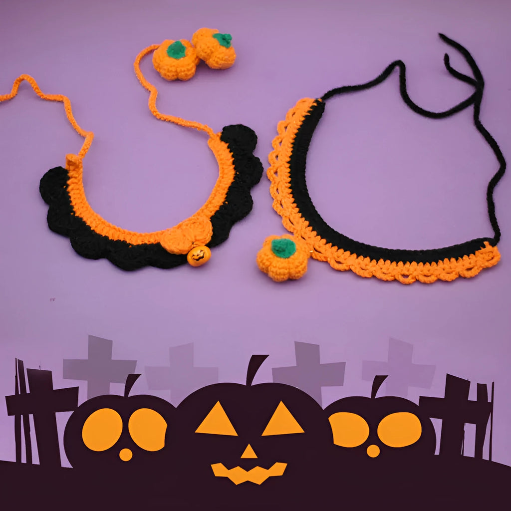 Hand-crocheted wool Halloween pet collar for cats and dogs in pumpkin colours with adjustable sizing