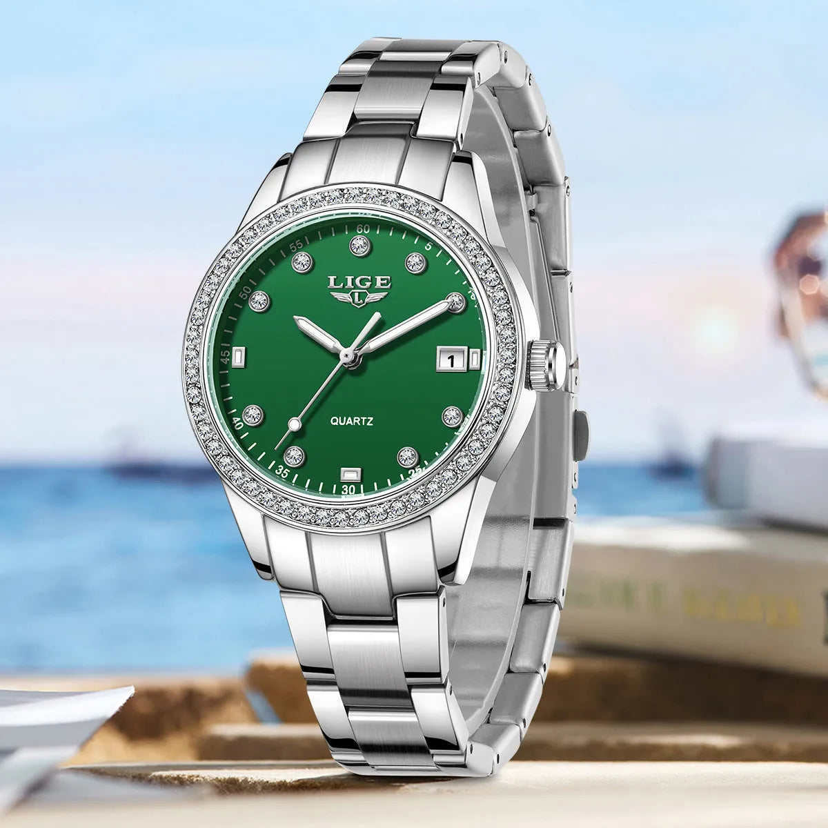 Fashion Girl Quartz Watch with round 34mm dial, diamond-encrusted bezel, and luminous hands in silver colour options