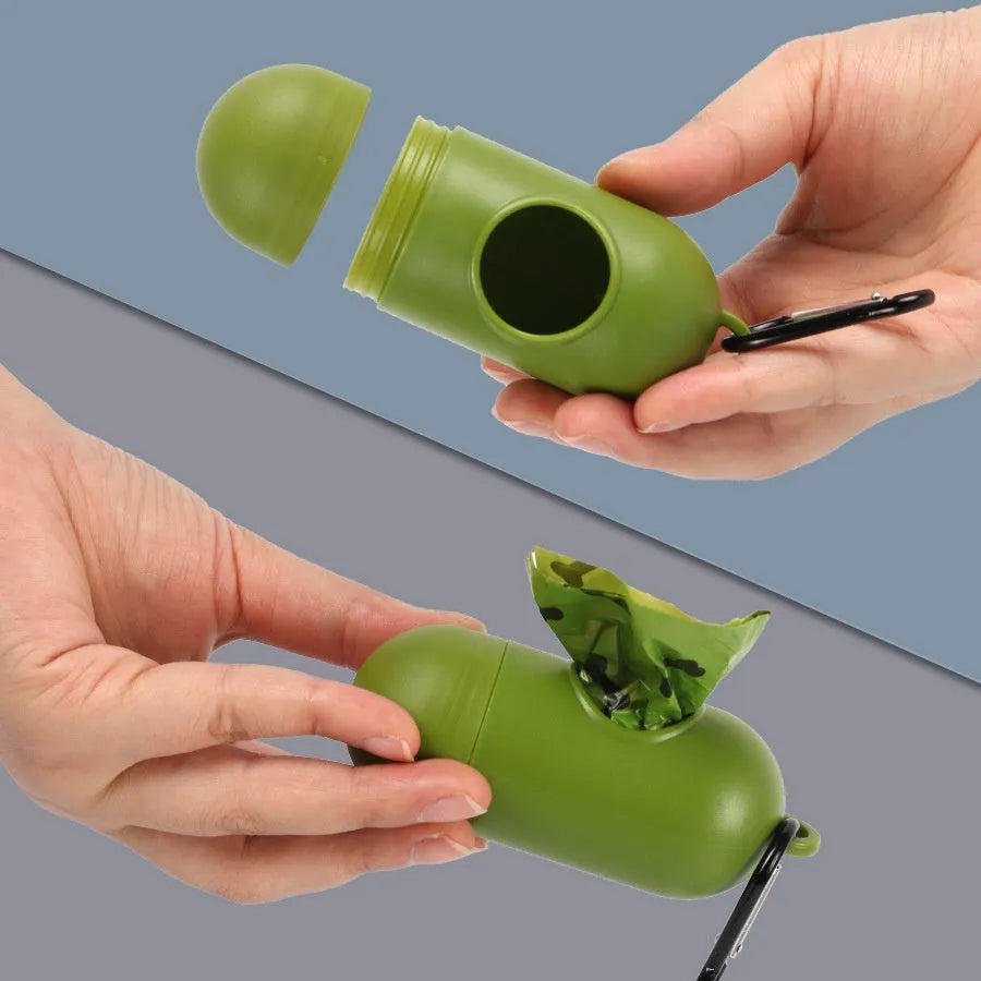 Degradable dog poop bags in military green with black bone print, 23cm by 33cm size, EPI+HDPE material