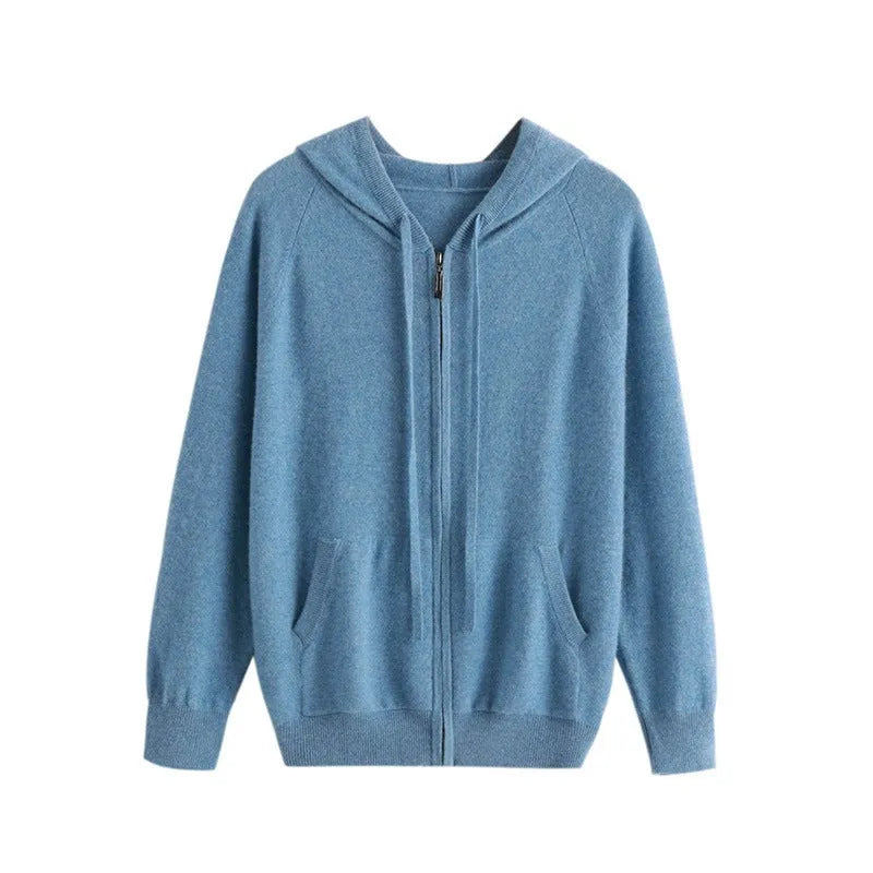 Man wearing a solid colour hooded cashmere knit cardigan with zipper front
