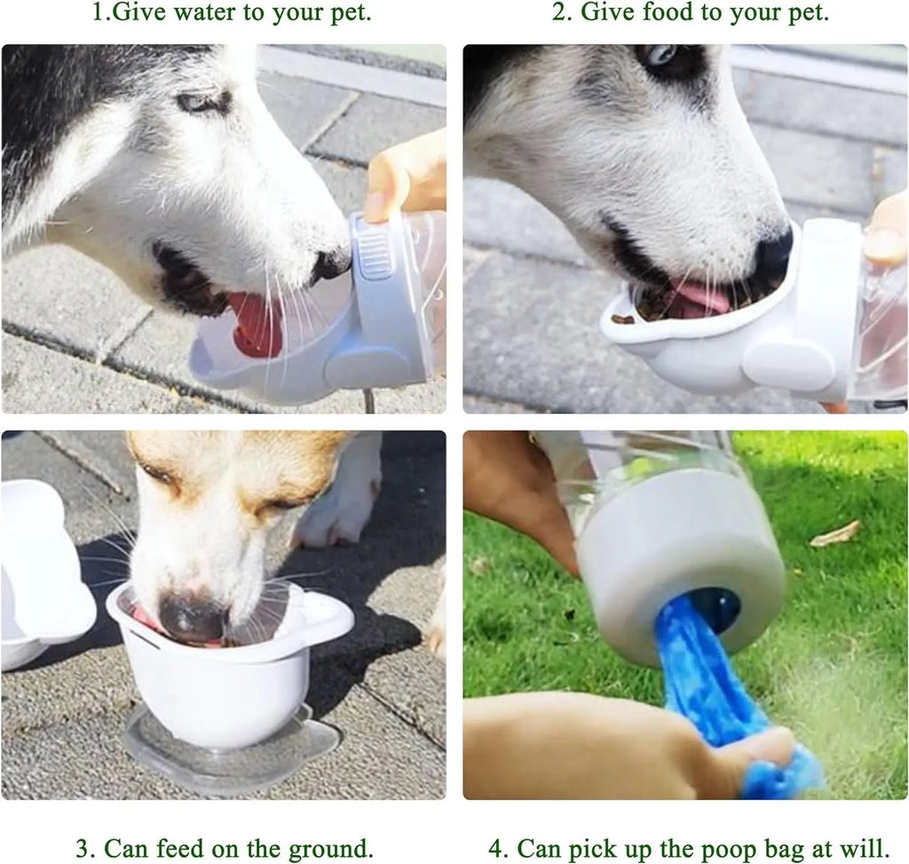 Green 3-in-1 portable pet water bottle showing water dispenser, food container, and waste bag compartment