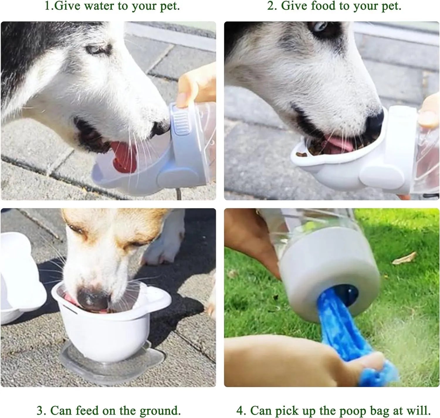 Green 3-in-1 portable pet water bottle showing water dispenser, food container, and waste bag compartment