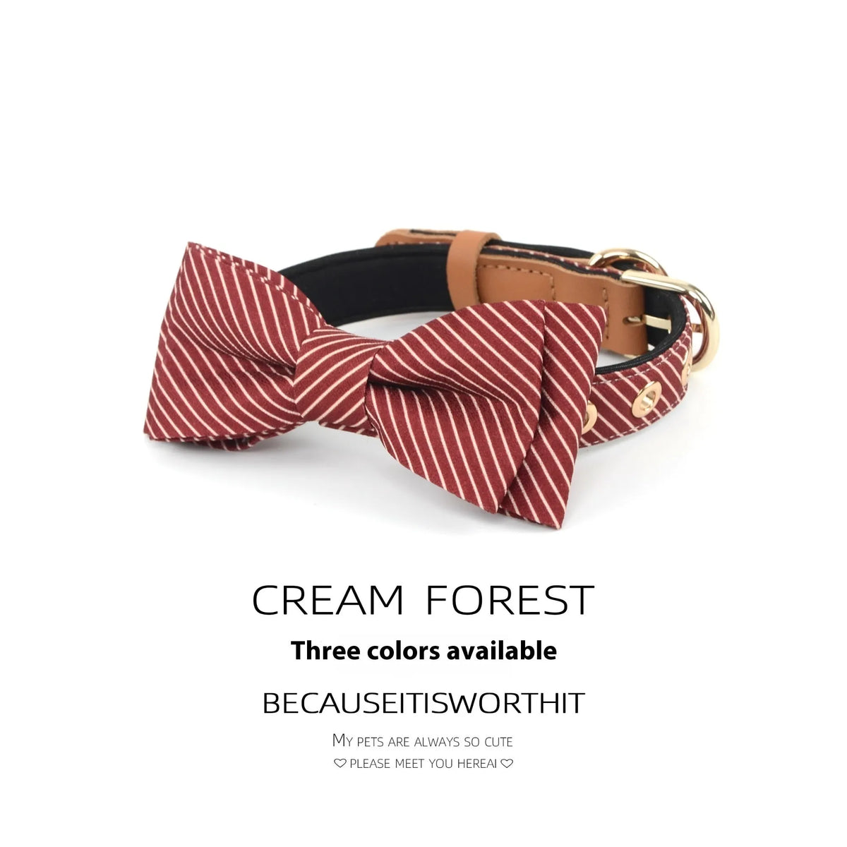 Simple cotton dog collar with a detachable bow, shown in dark blue, wine red, and white colour options.