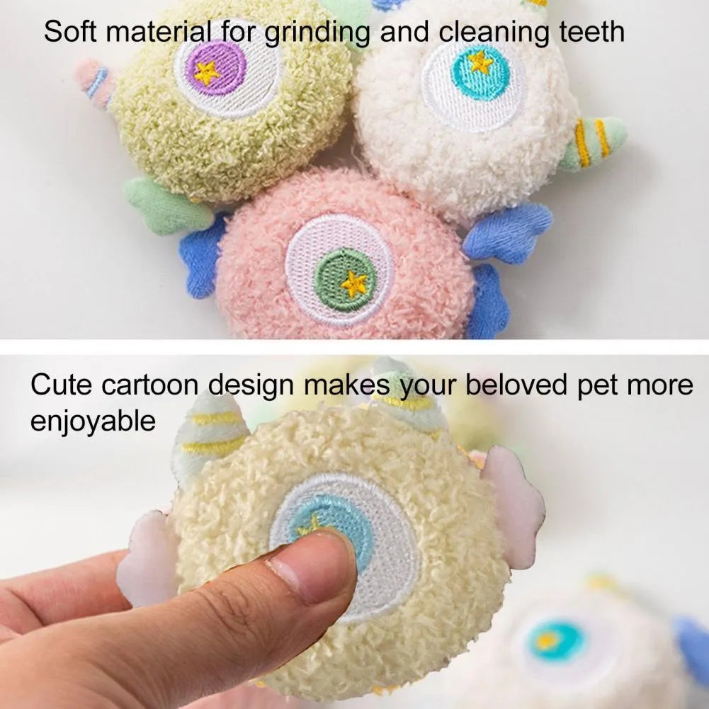 Cartoon-shaped plush dog toy with large eyes and squeaker in grey, green, pink, white or yellow
