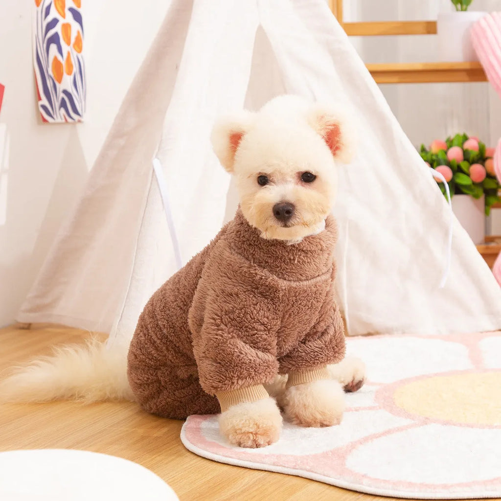 Blue double-sided thick plush dog clothing with high collar and towing ring on a mannequin.