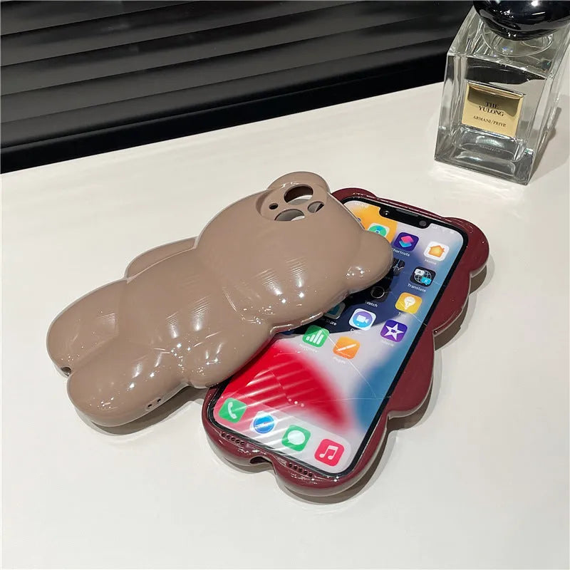 Silicone iPhone case with 3D bear design in khaki or wine red, anti-fall soft shell for iPhone 11-14 models