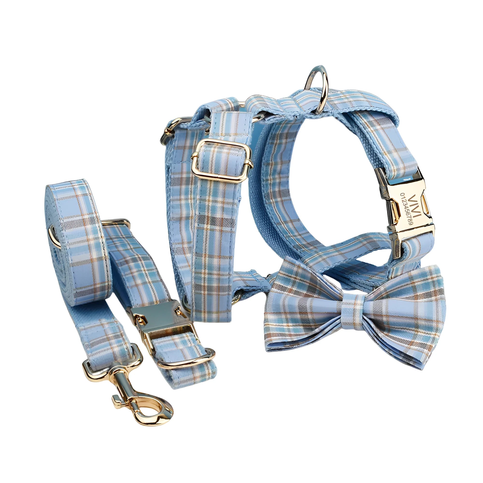 Sky blue and white grid pattern dog collar, leash, bow, and vest four-piece pet accessory set.