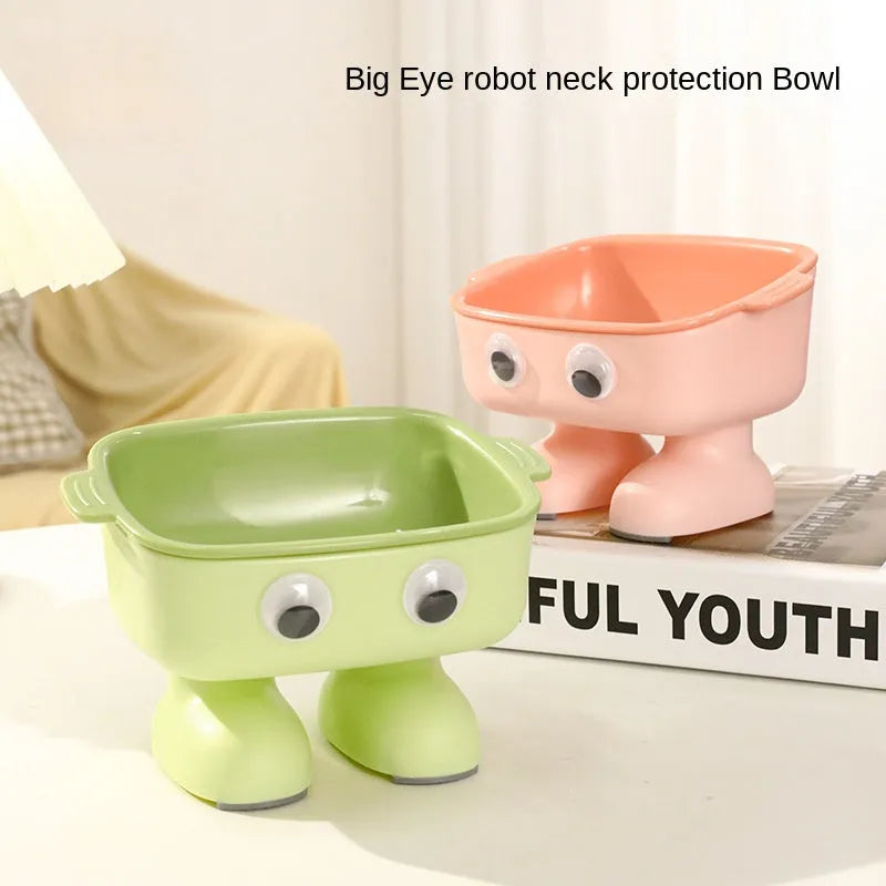 Green robot-shaped elevated cat bowl with tilted design and detachable inner food container