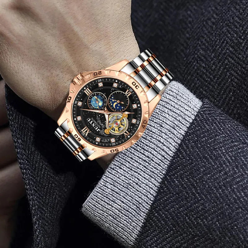 Men's automatic mechanical watch with luminous hands, waterproof design, and 12mm thickness in rose gold, silver, or gold finishes