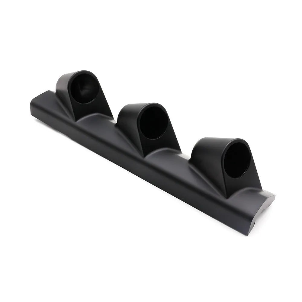 Black ABS plastic instrument stand with three mounting holes for 52mm racing gauges in right-drive configuration