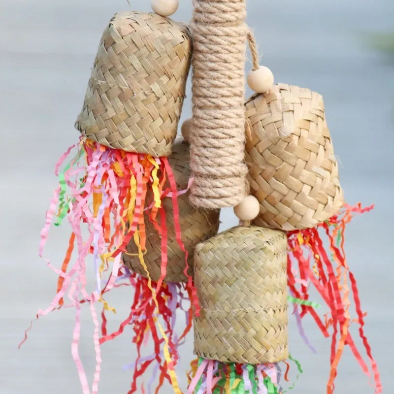 Colourful shredded paper bird toy with wood and sisal materials for parrots