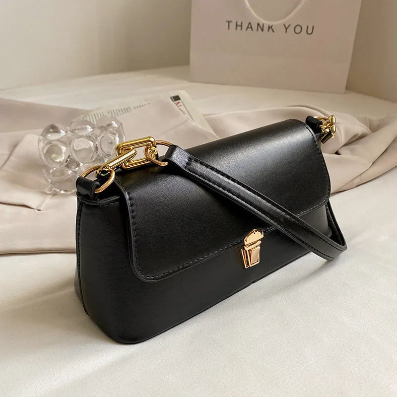 French casual brown PU underarm shoulder bag with chain strap and horizontal square sandwich pocket design.