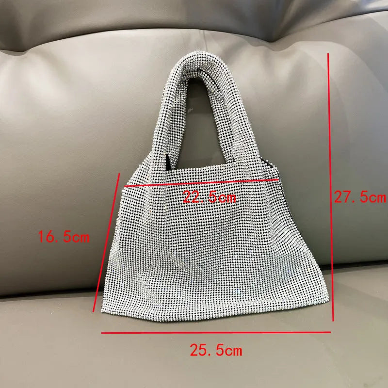 Silver cotton thread party handbag with shiny rhinestones and open outer pocket