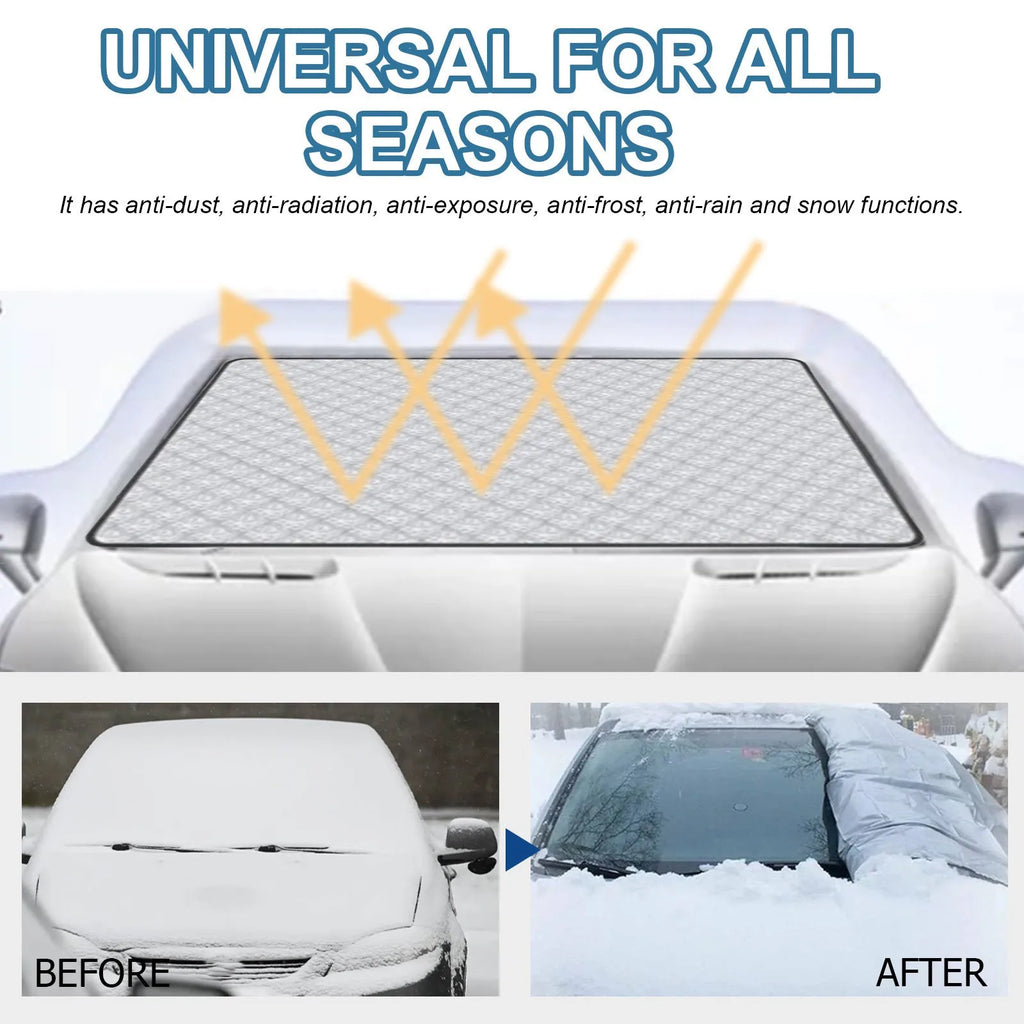 Silver aluminium film car windshield frost cover shown unfolded with 140x95cm dimensions