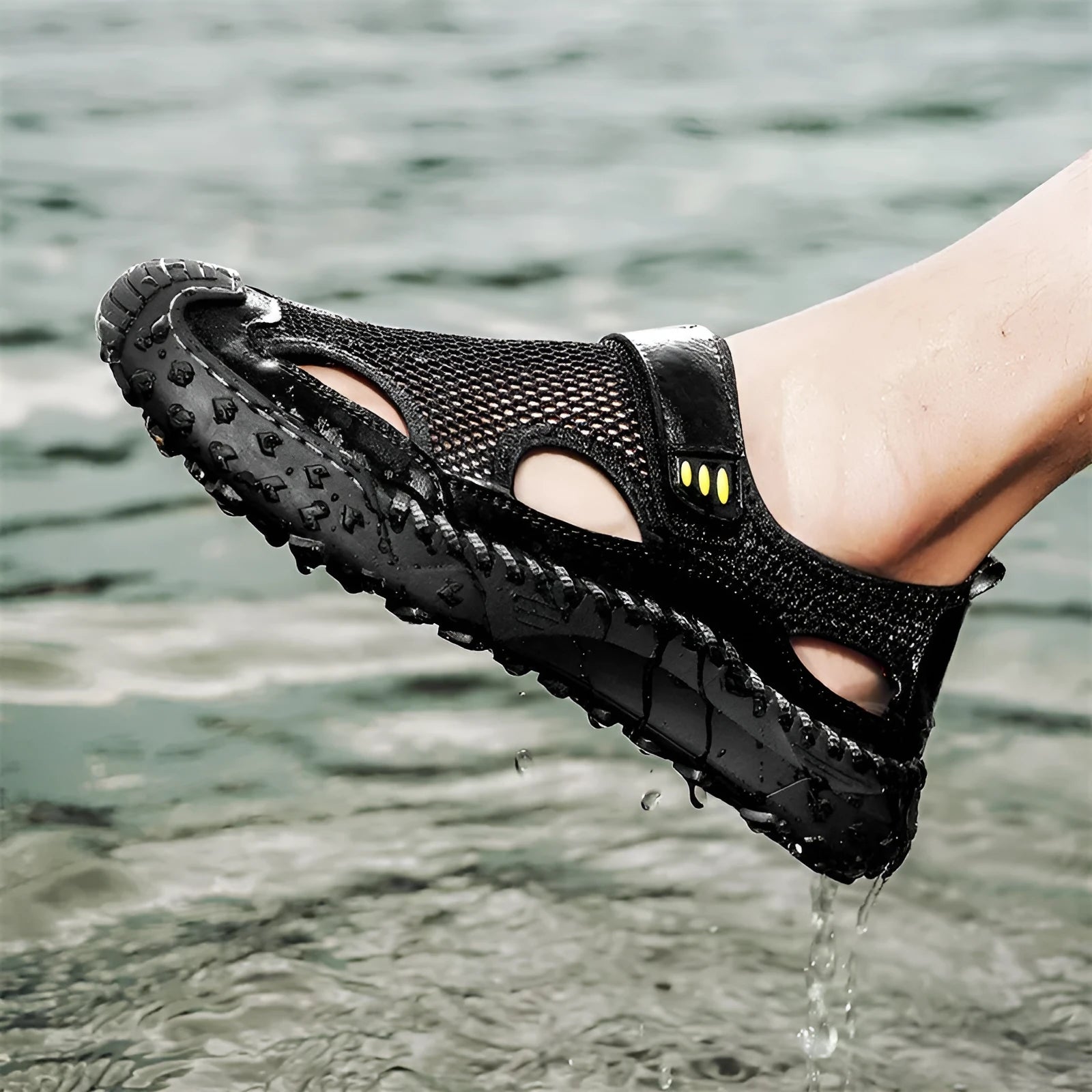 Men's black casual sandals with breathable mesh upper and Velcro straps