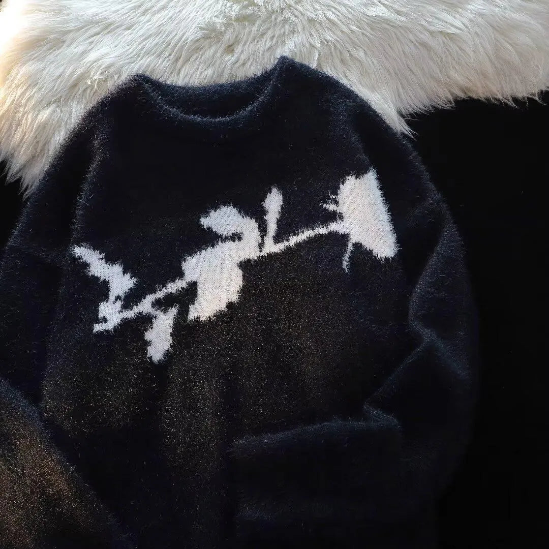 Men's grey pullover sweater with a large American Dark Rose flocking horse graphic print on the front.