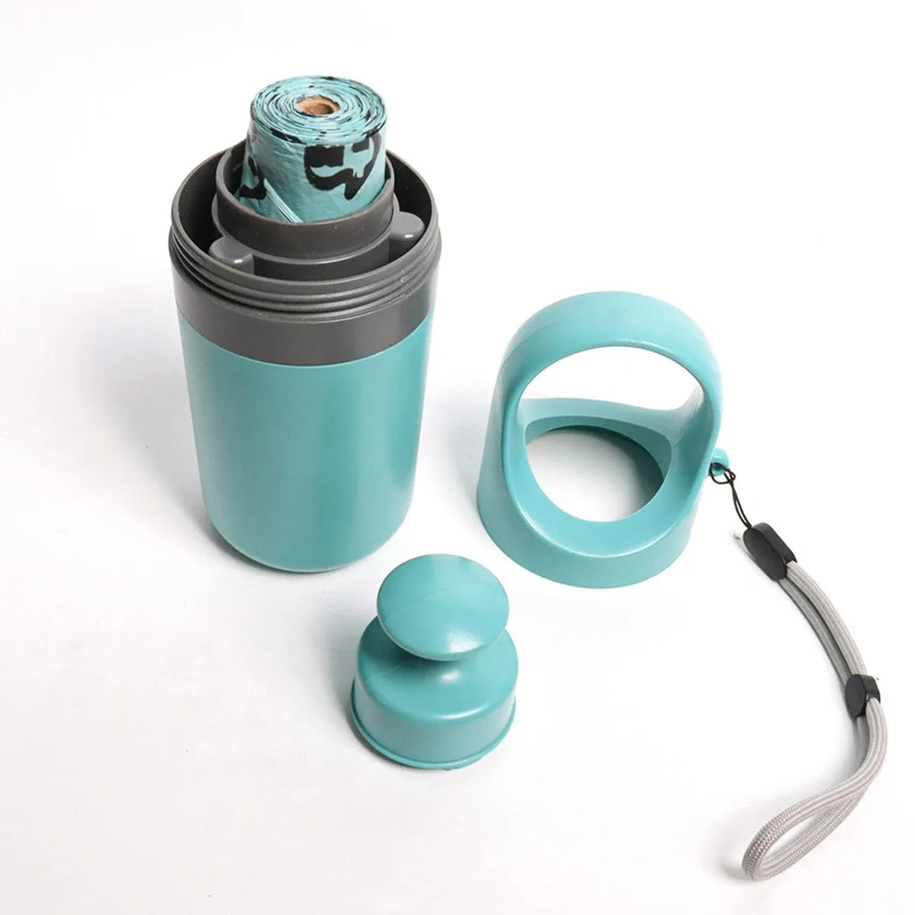 Blue and orange portable pet waste scooper with claw mechanism and built-in bag dispenser