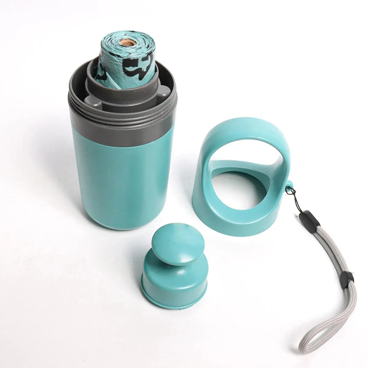 Blue and orange portable pet waste scooper with claw mechanism and built-in bag dispenser