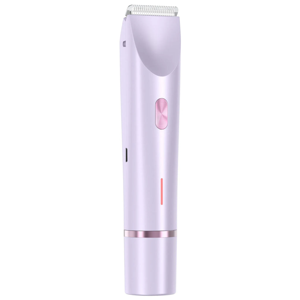 Pink women's electric razor and trimmer with two heads, USB cable, and brush on a white background.