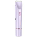 Pink women's electric razor and trimmer with two heads, USB cable, and brush on a white background.