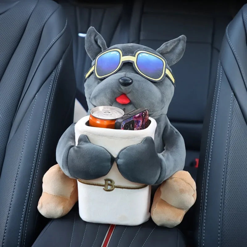 Men's car tissue box with plush fabric hanging from vehicle armrest showing character design options