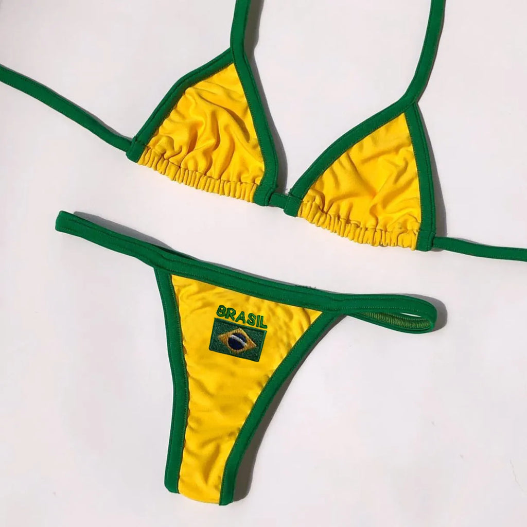 Women's yellow bikini set with T-back bra and shorts on a mannequin, slim fit style.