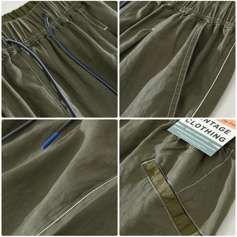 Men's loose straight linen shorts in black or green with drawstring waist