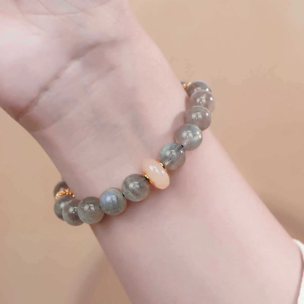 Gray moonstone agate women's bracelet with 8mm round beads in half-bracelet design