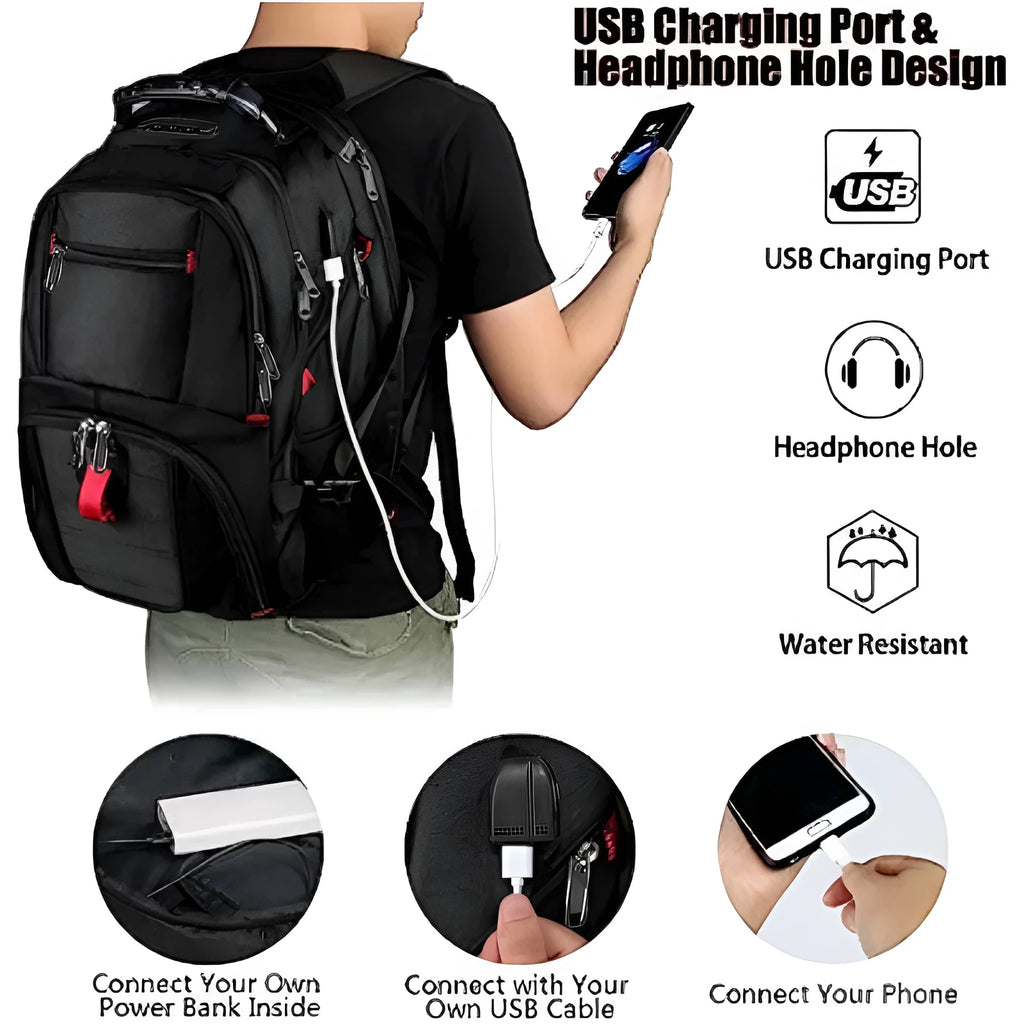 Large unisex USB charging backpack in black, showing front design and curved shoulder straps.