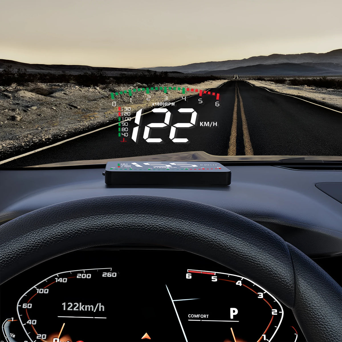 Black automotive head-up display with 3.5 inch LED screen, OBD interface, 90 x 54 x 12 mm ABS PC housing