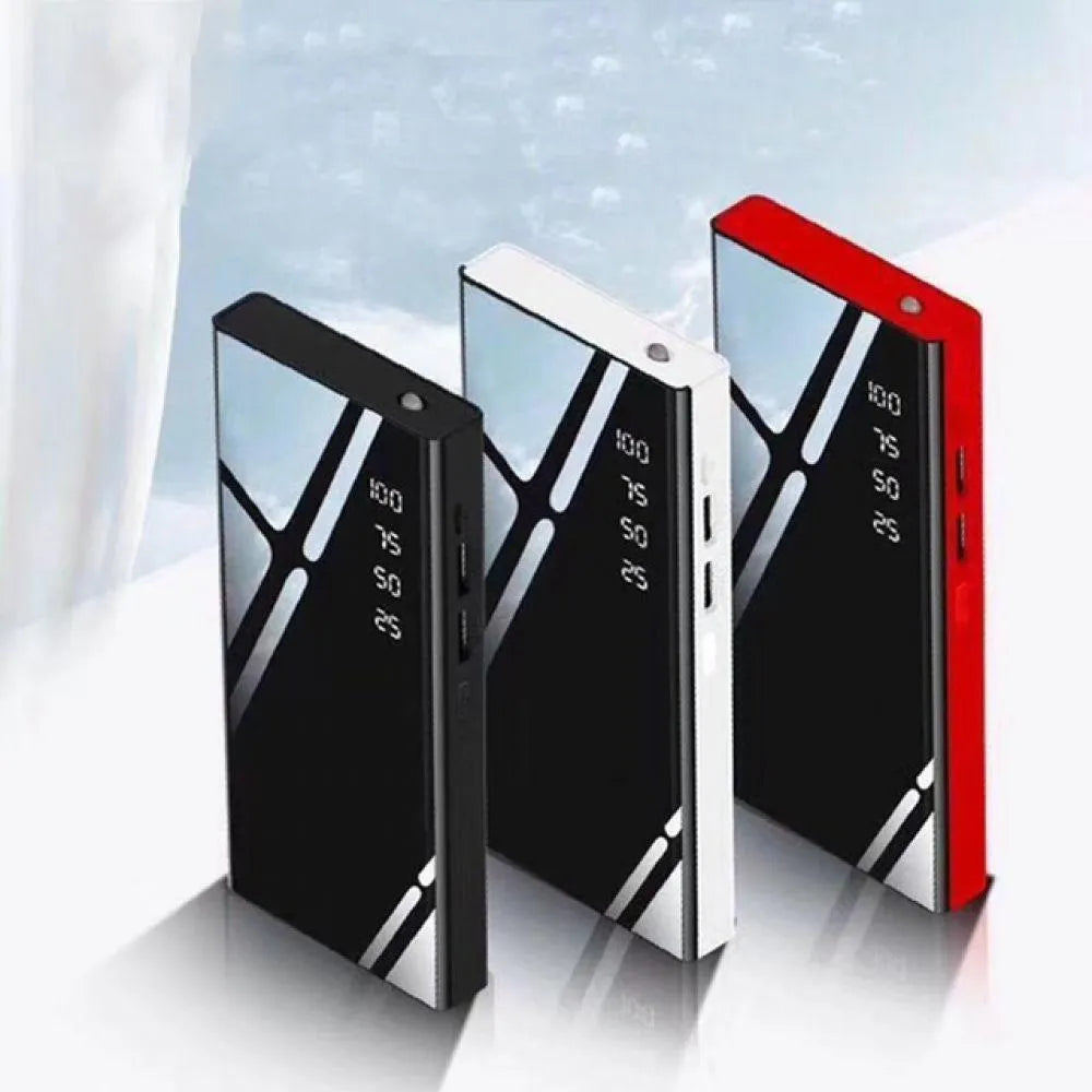 Black 20000mAh power bank with LCD display showing battery percentage, dual USB ports, and compact rectangular design