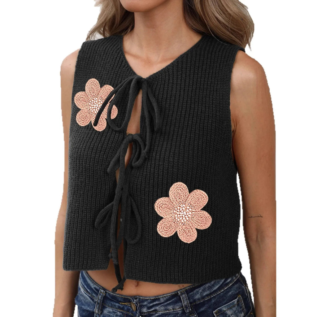 Ladies' sleeveless vest cardigan with adjustable lace-up front bow, flower pattern, 40cm length, in white with apricot flowers