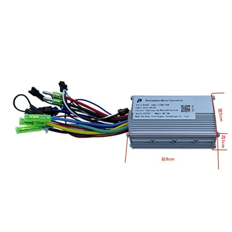 6-tube electric bicycle scooter controller with dimensions 9cm by 5cm by 3cm, showing connections for 24V to 48V systems